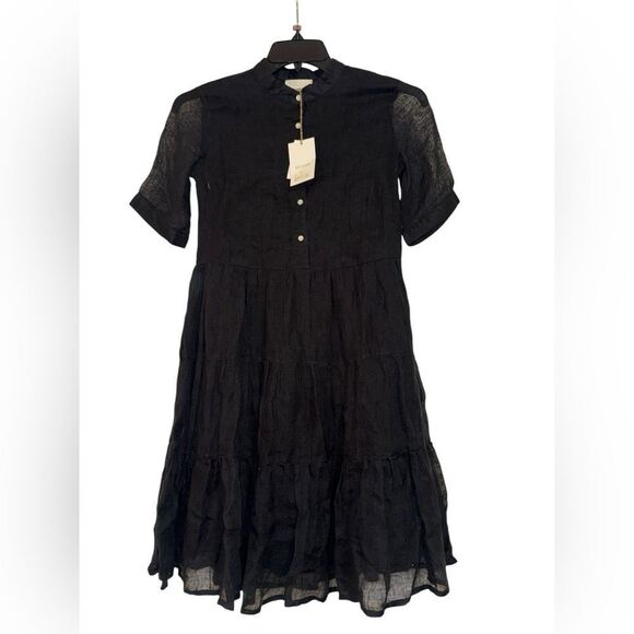 NWT BECASA 100% Linen Black Dress With Tiered mini short sleeve dress sz small